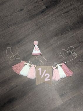 2-Piece Pink & White 1/2 Birthday Milestone Set – Boho Tassel Banner & Party Hat